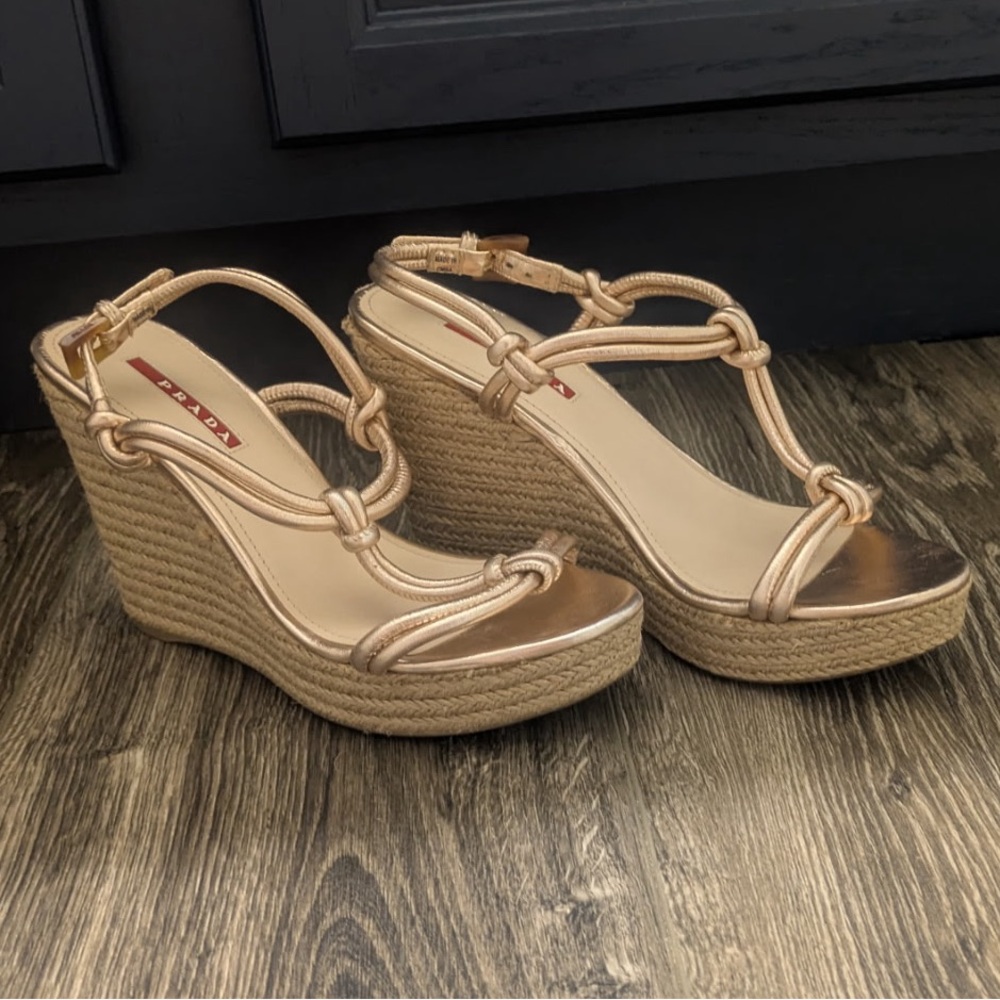 Prada Metallic Rope Wedge Sandals